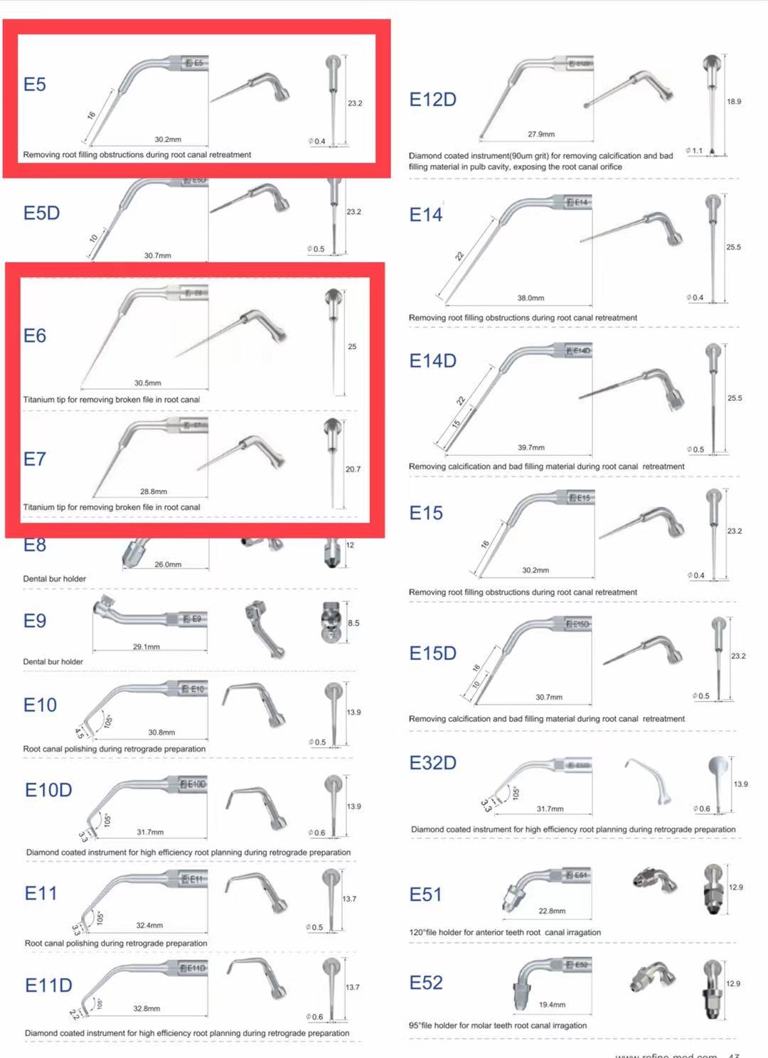 Dental Ultrasonic Scaler Tips   EMS ,  Woodpecker ,  UDS series E1 -- E7,  P50LT, P50RT, P90T